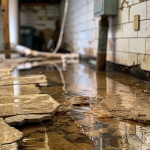 A severely flooded basement with dirty water covering the floor and damaged tiles floating amidst the debris.