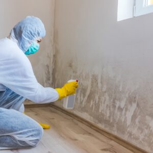 A restoration professional in a full white protective suit and mask spraying a wall covered in black mold.