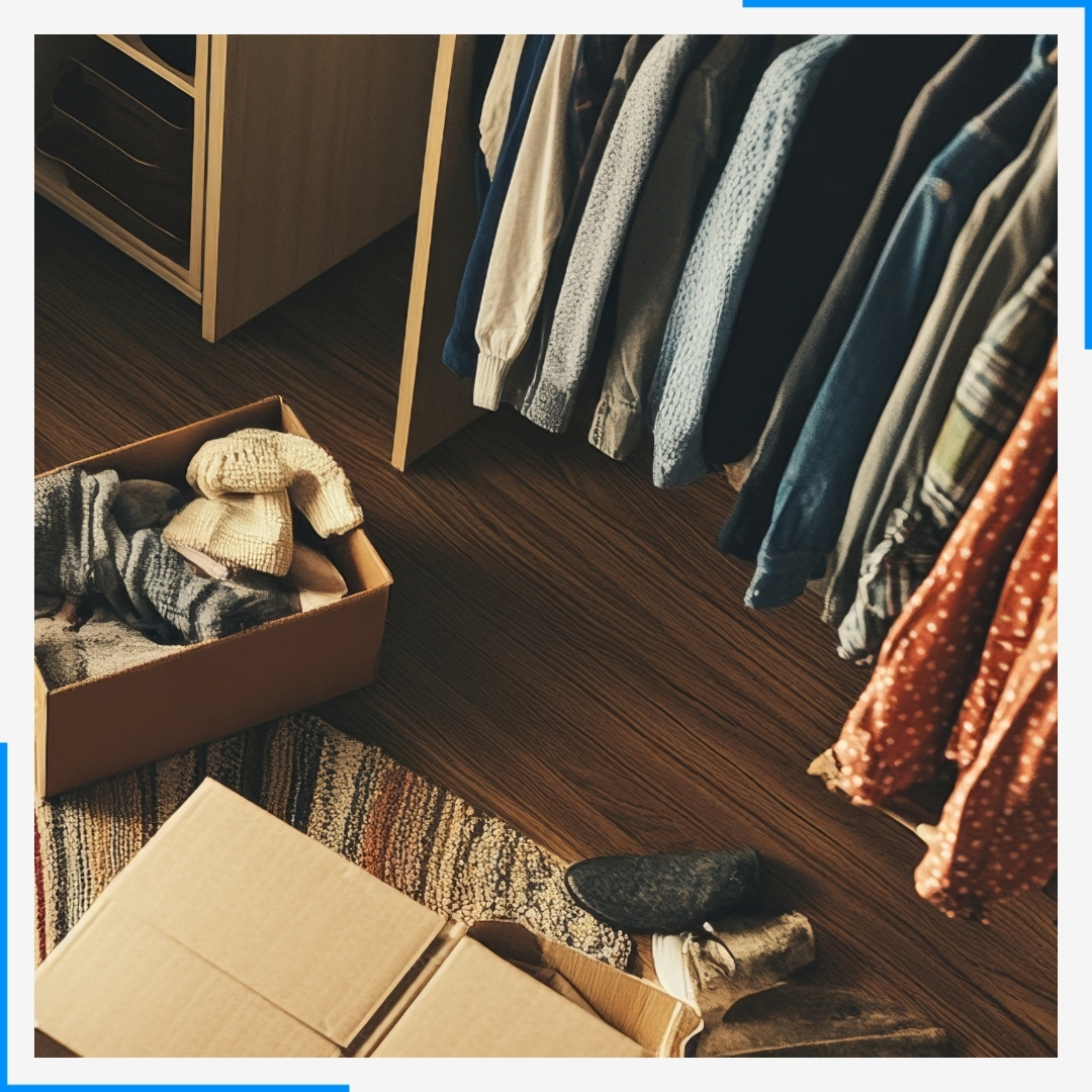An overhead view of clothes being packed into a cardboard box in a closet.