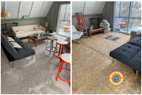 Before and after water damage restoration in Boone County, KY — living room with carpet removed and subfloor exposed by Best Option Restoration
