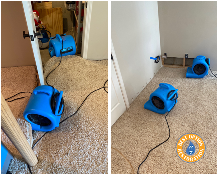 Active water damage mitigation job in a Boone County home. Best Option Restoration follows IICRC S500 standards for professional drying.